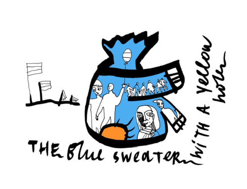 Modrý svetr se žlutou dírou